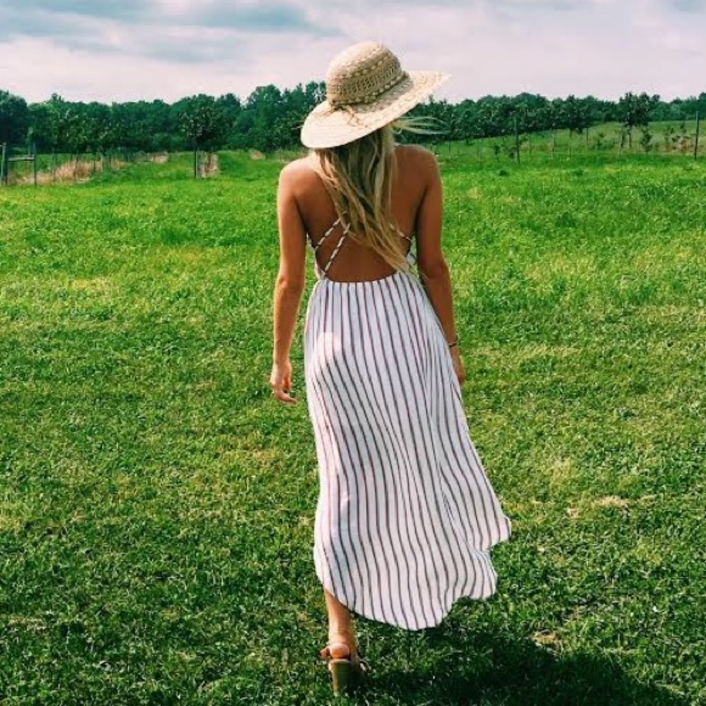 Flowy White with Red Stripes High Low Dress Dress